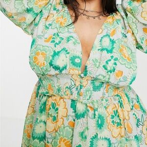 ASOS Floral Long Sleeve Smocked Waist Maxi Dress - Green and Yellow 24W